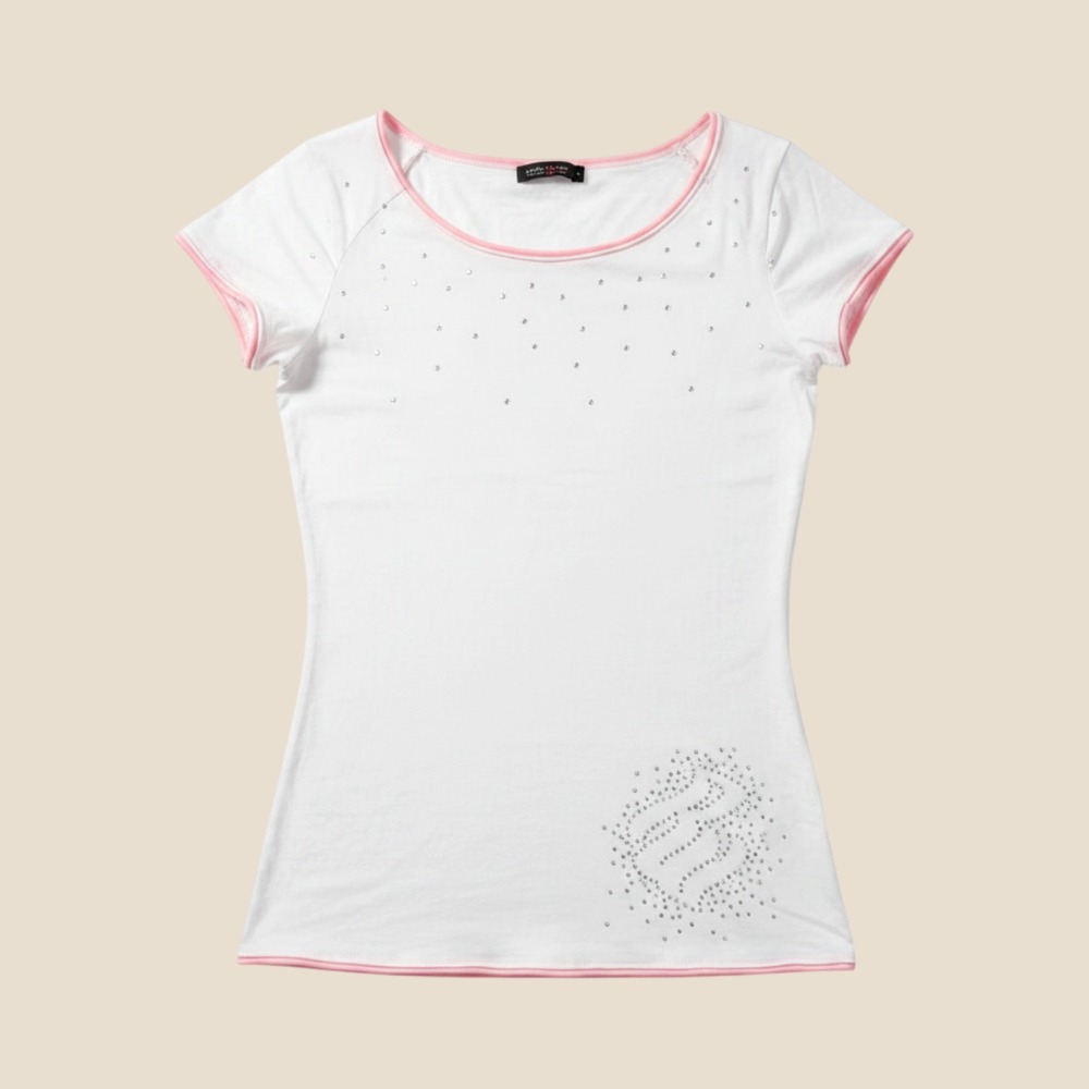 Y2K Rocawear Rhinestone Logo Cap Sleeve Top White Pink Trim #15